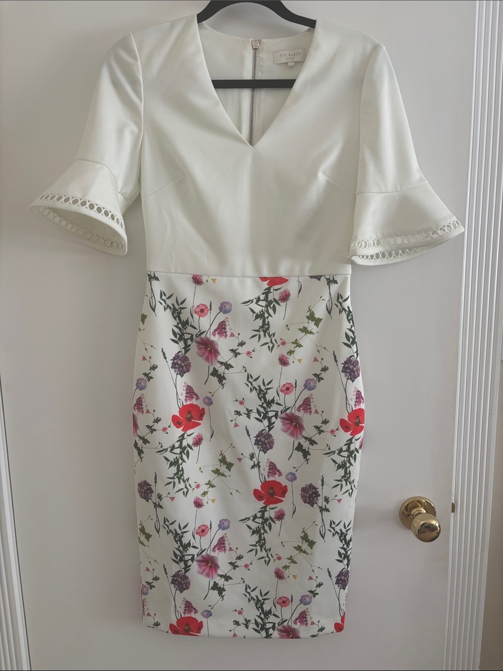 Ted Baker London White Midi Dress with Red, Purple & Pink Floral Print